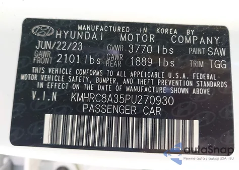 2023 Hyundai Venue Sel z USA, uszkodzony, nr VIN KMHRC8A35PU270930